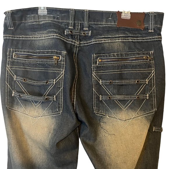 Knockout Jeans Mens 38 x 34 Straight Leg Moto Blue Zippers Faded Relaxed Denim 1 - Picture 9 of 13